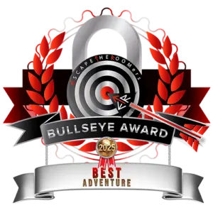 2025 Bullseye Award winner graphic for Best Adventure at Huddy's Escape Room.