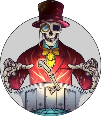 Skeleton magician mascot wearing top hat and monocle levitating bones over doors at Huddy's Escape in Ocala and Gainesville Florida.
